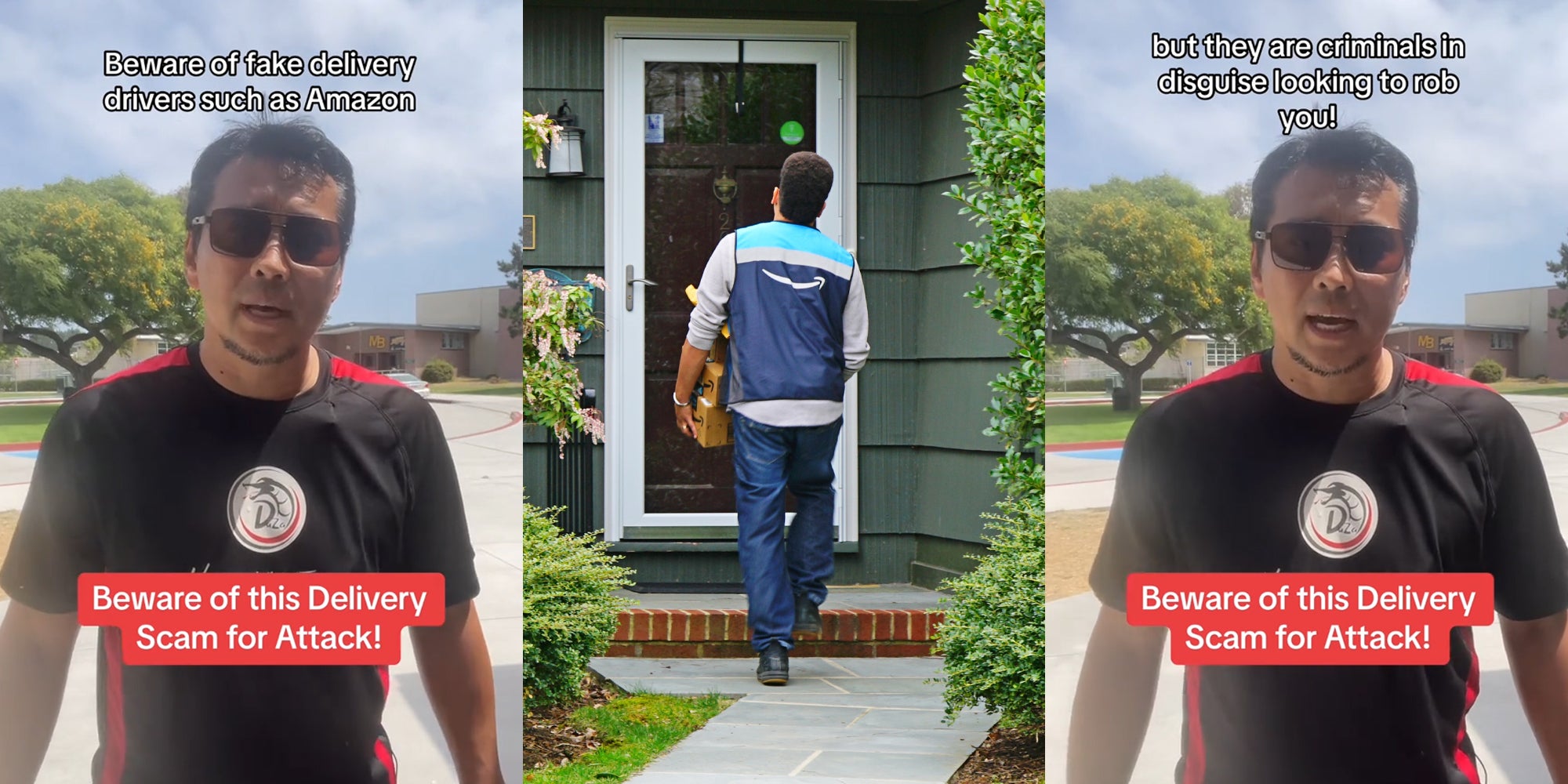 man speaking with caption 'Beware of this Delivery Scam for Attack! Beware of fake delivery drivers such as Amazon' (l) Amazon delivery driver at door (c) man speaking with caption 'Beware of this Delivery Scam for Attack! but they are criminals in disguise looking to rob you!' (r)