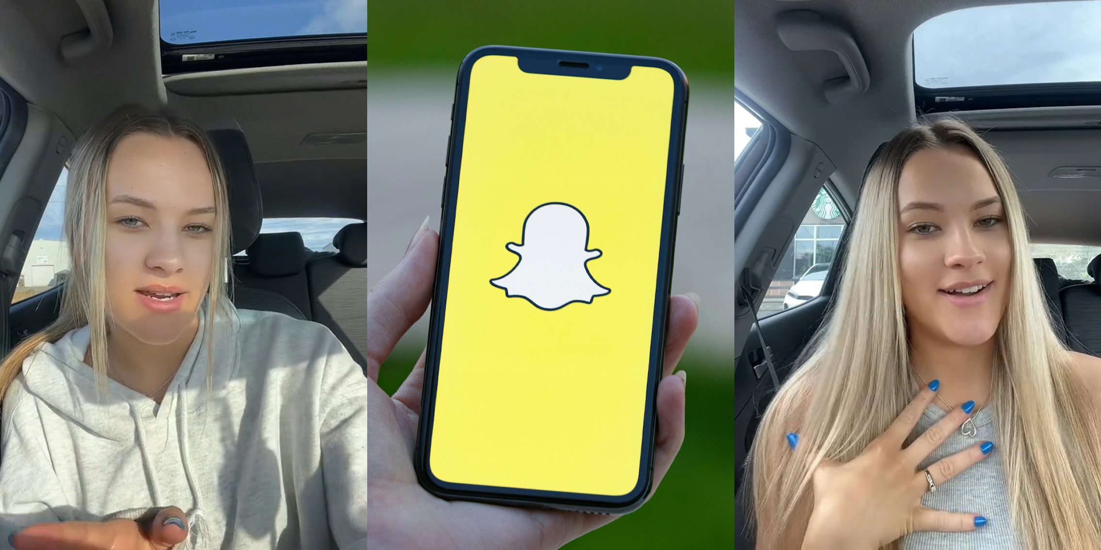 woman speaking in car (l) hand holding phone with Snapchat on screen (c) woman speaking in car (r)