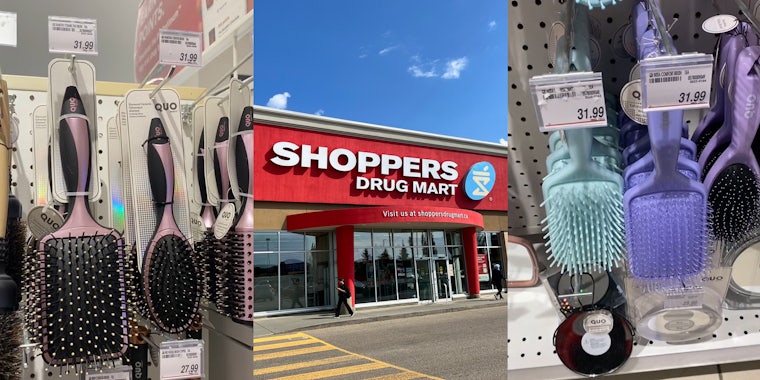 hair brushes hung on store display (l) Shoppers Drug Mart building with sign (c) hair brushes hung on store display (r)