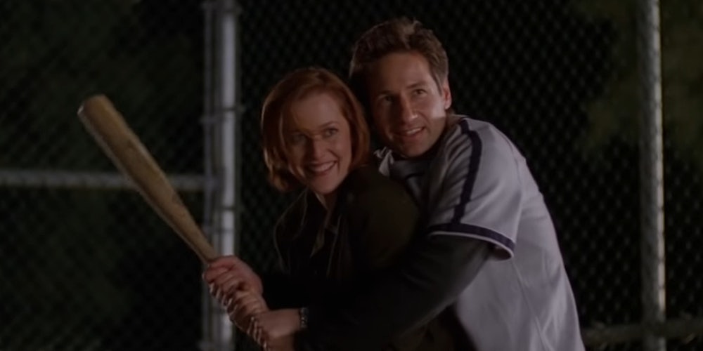 Maybe Scully and Mulder playing baseball in The X-Files