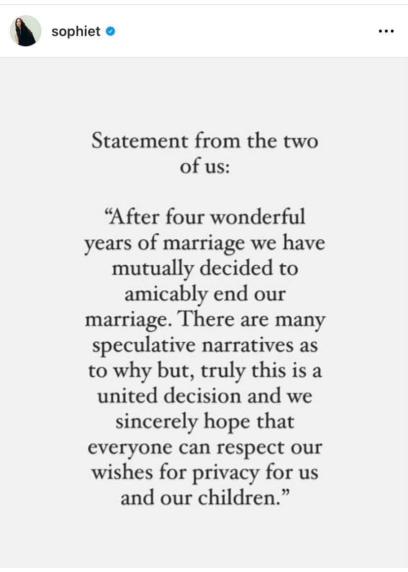 Statement posted to Sophie Turner's Instagram