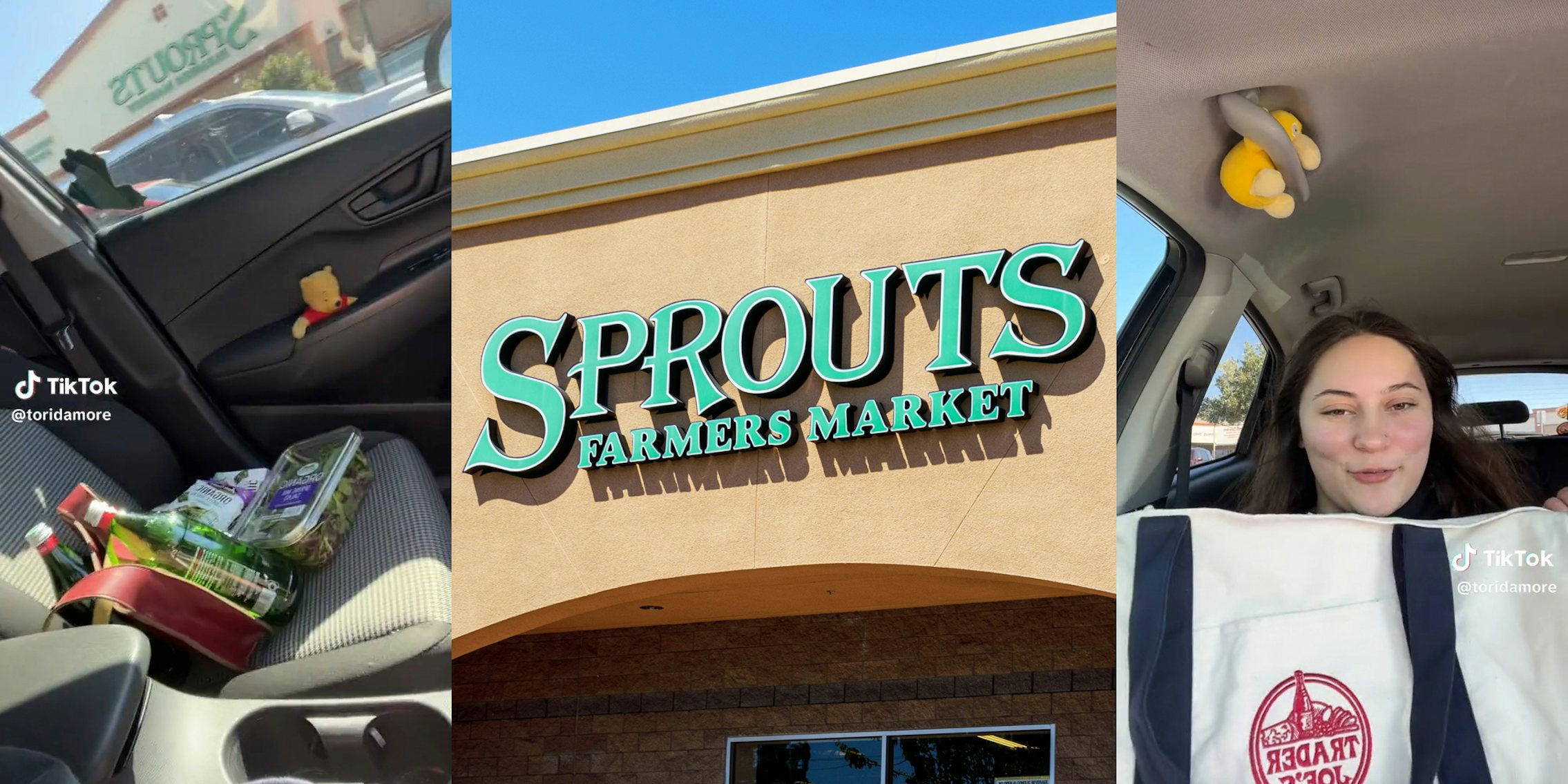 groceries on car seat (l) Sprouts Farmers Market sign (c) young woman in car with Trader Joe's reusable bag (r)