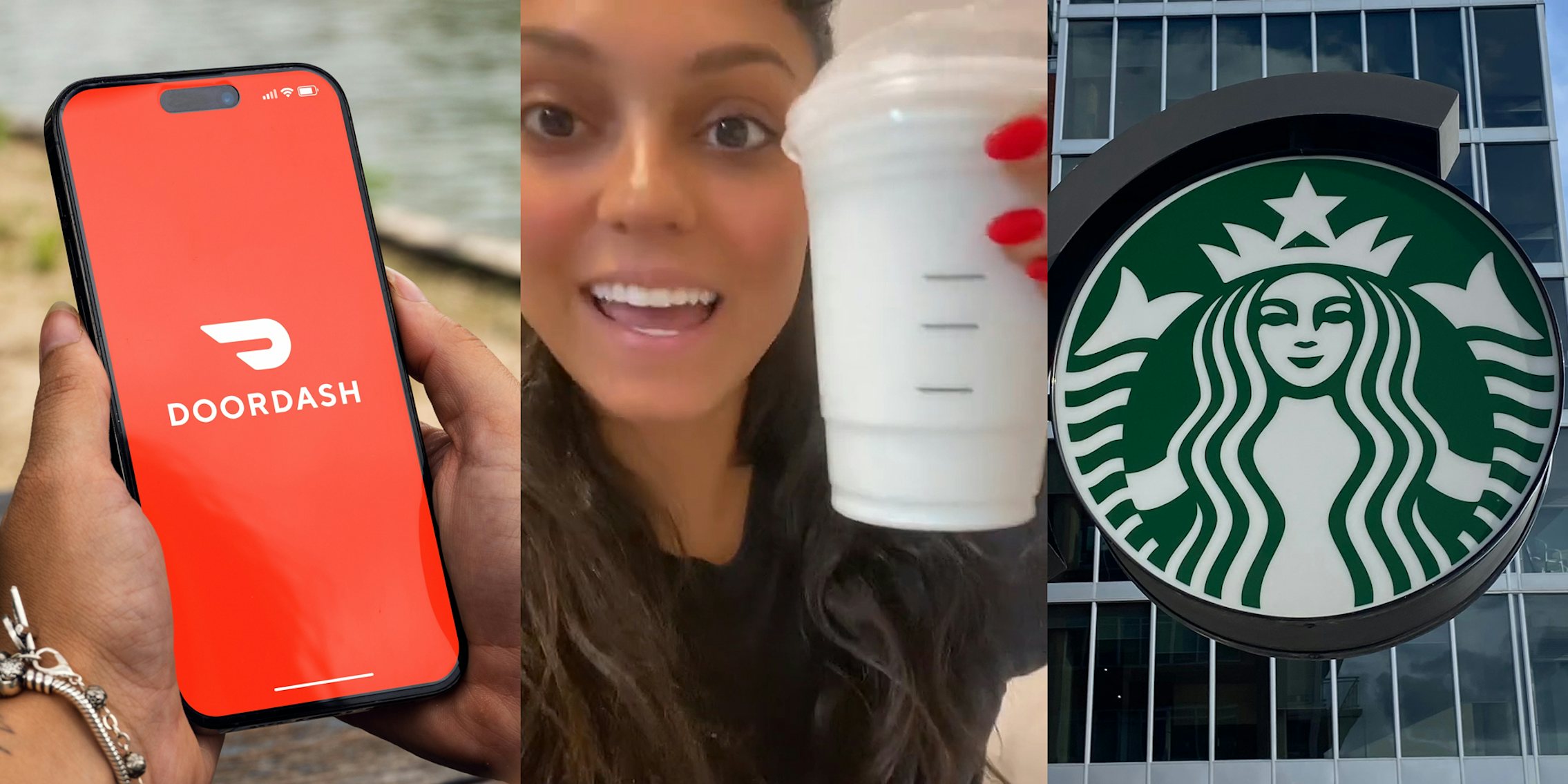 hands holding phone with DoorDash app opening (l) DoorDash customer holding up Starbucks milk in cup (c) Starbucks sign (r)