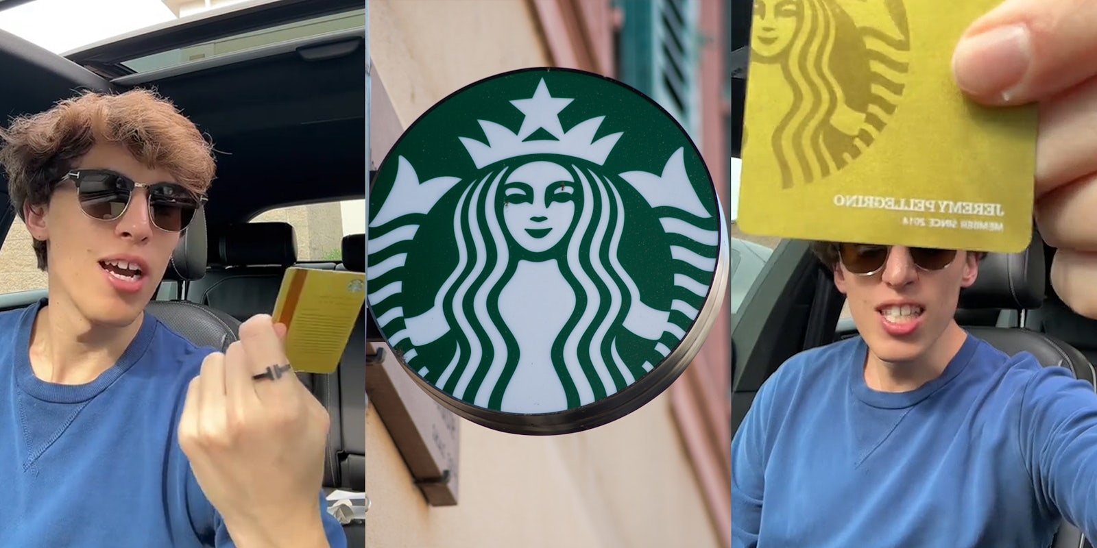 Starbucks customer speaking in car while holding gold card (l) circular Starbucks sign on wall (c) Starbucks customer speaking in car while holding gold card (r)