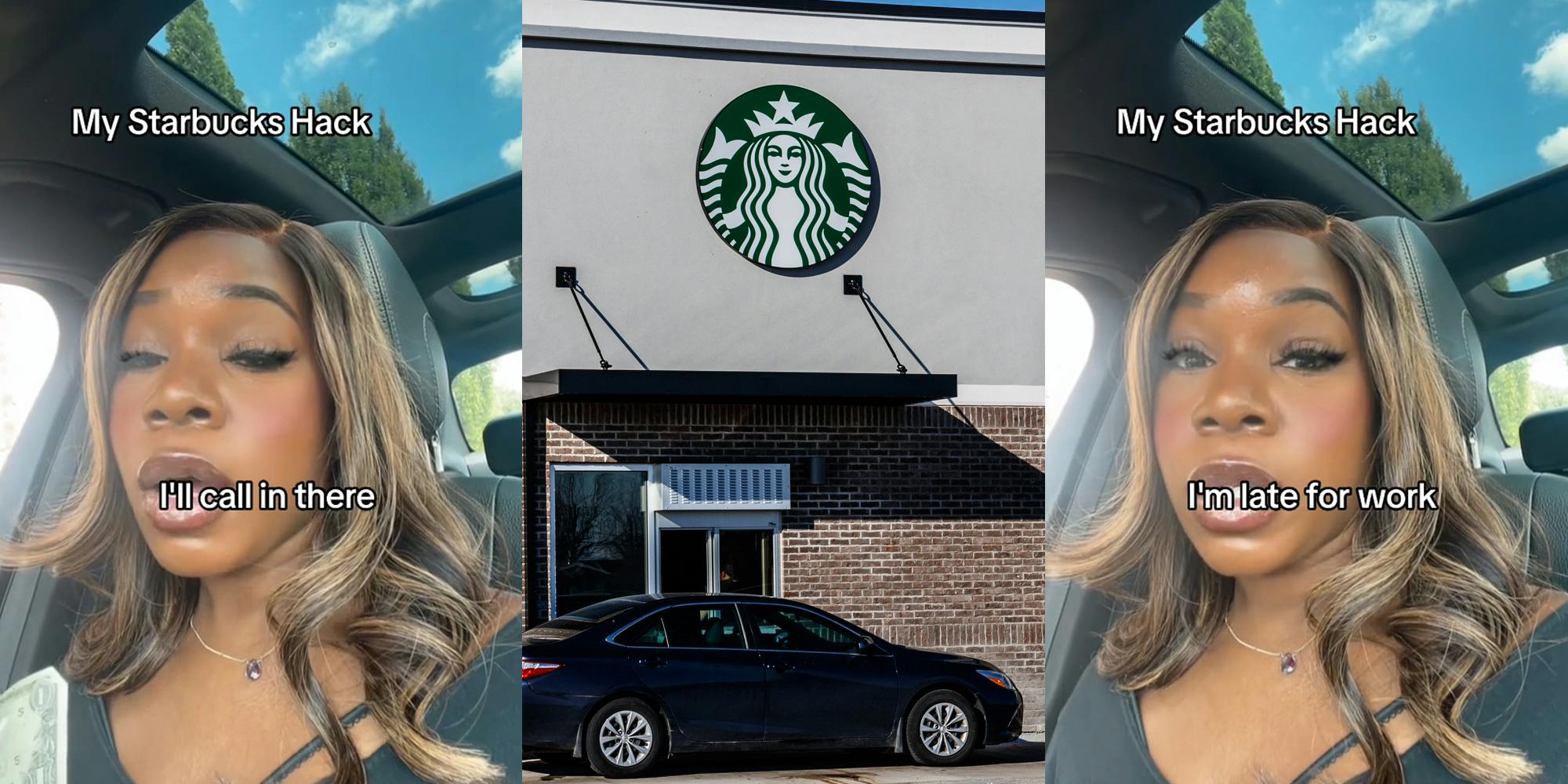 Starbucks customer speaking in car with caption "My Starbucks Hack I'll call in there" (l) Starbucks drive thru with sign (c) Starbucks customer speaking in car with caption "My Starbucks Hack I'm late for work" (r)
