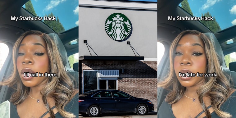 Starbucks customer speaking in car with caption 'My Starbucks Hack I'll call in there' (l) Starbucks drive thru with sign (c) Starbucks customer speaking in car with caption 'My Starbucks Hack I'm late for work' (r)
