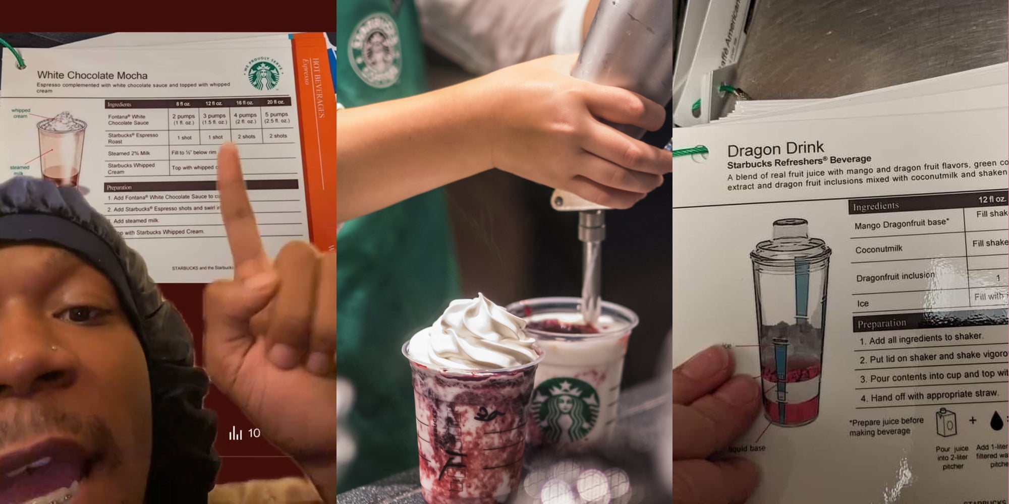 person greenscreen TikTok over Starbucks recipes (l) Starbucks barista making drink (c) Starbucks drink recipe (r)