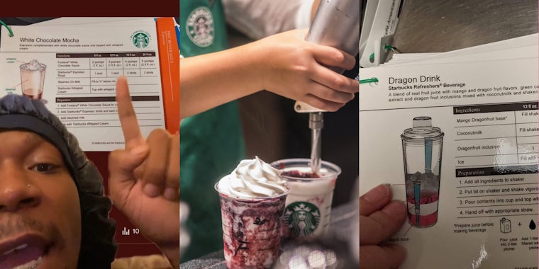 person greenscreen TikTok over Starbucks recipes (l) Starbucks barista making drink (c) Starbucks drink recipe (r)