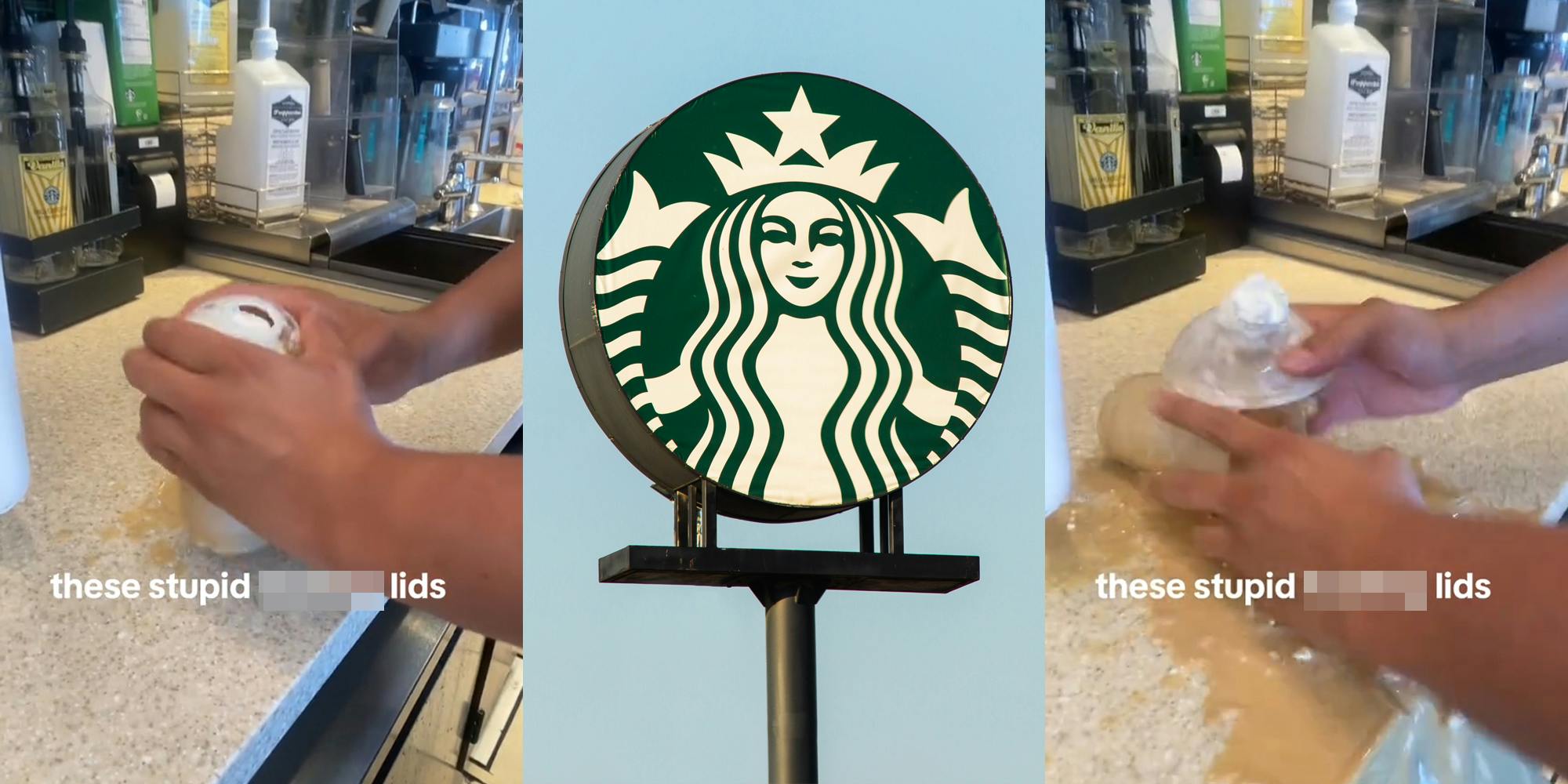 Starbucks employee pressing lid down onto cup with caption "these stupid blank lids" (l) Starbucks sign in front of blue sky (c) Starbucks employee pressing lid down onto cup with drink spilled with caption "these stupid blank lids" (r)