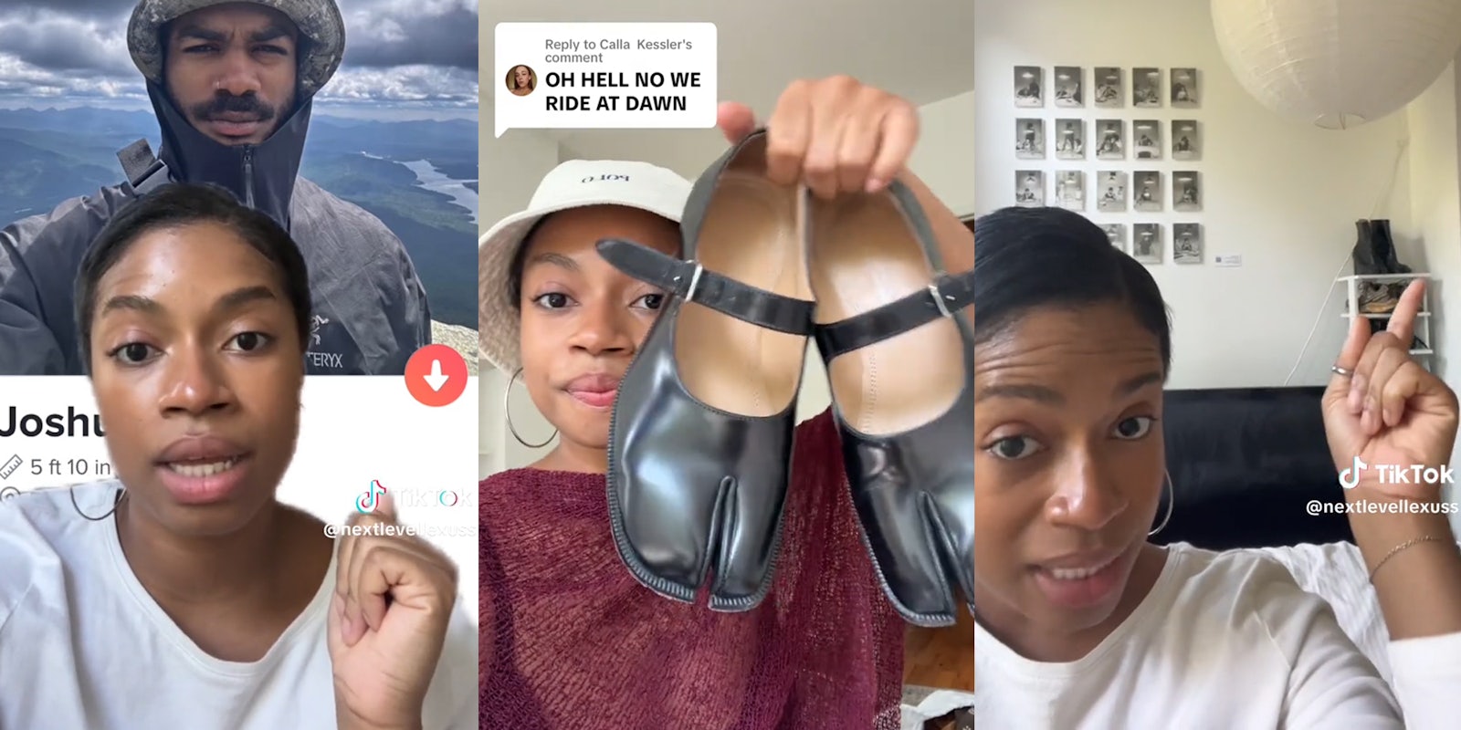 woman greenscreen TikTok over man's dating profile (l) woman holding shoes with caption 'OH HELL NO WE RIDE AT DAWN' (c) woman pointing to shoe rack (r)