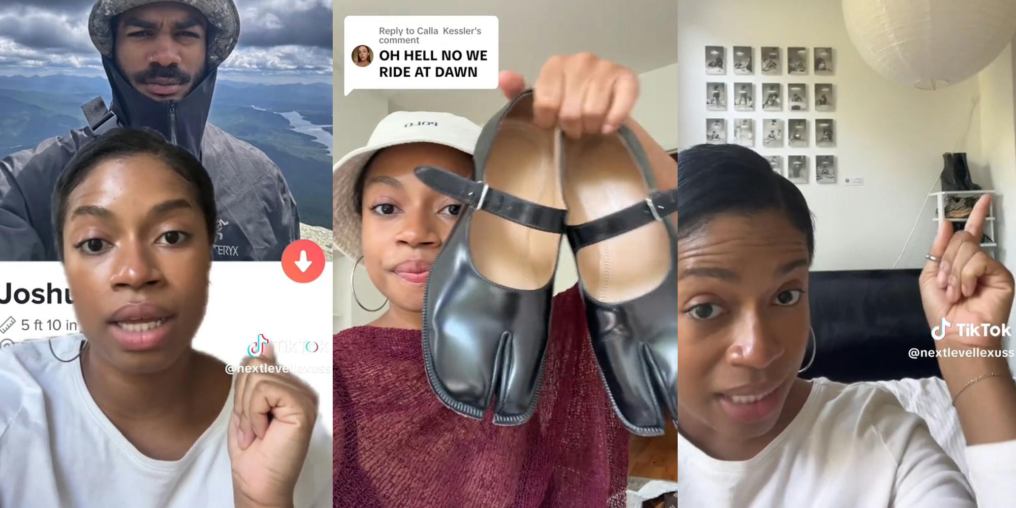 woman greenscreen TikTok over man's dating profile (l) woman holding shoes with caption "OH HELL NO WE RIDE AT DAWN" (c) woman pointing to shoe rack (r)