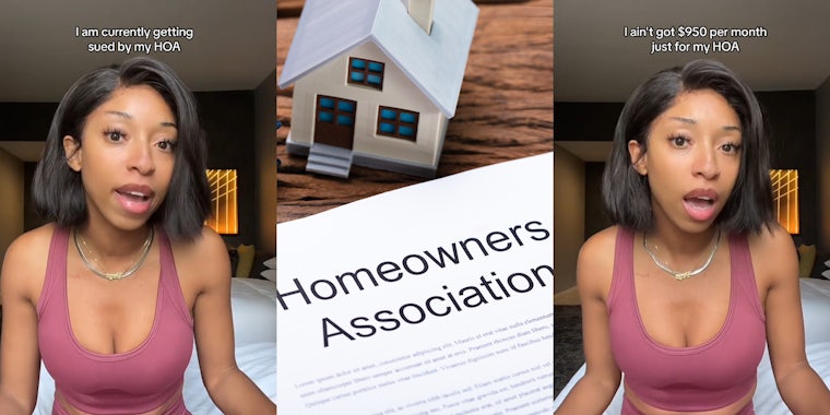 woman speaking with caption 'I am currently getting sued by my HOA' (l) Homeowners Association paper on wooden surface with toy house (c) woman speaking with caption 'I ain't got $950 per month just for my HOA' (r)