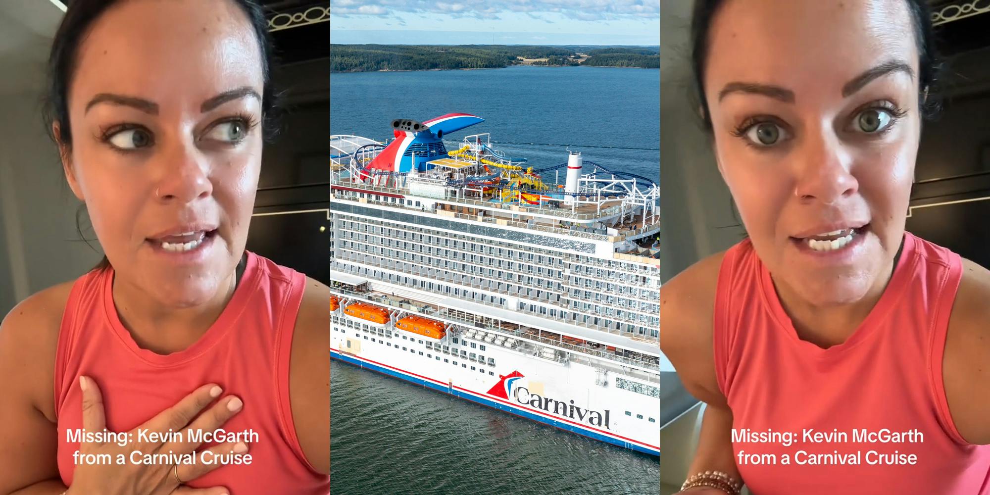 Carnival cruise passenger speaking with caption "Missing: Kevin McGarth from a Carnival Cruise" (l) Carnival Cruise ship (c) Carnival cruise passenger speaking with caption "Missing: Kevin McGarth from a Carnival Cruise" (r)