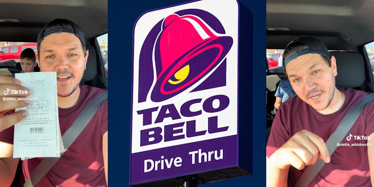 man showing receipt for taco bell in car (l&r) taco bell sign (c)