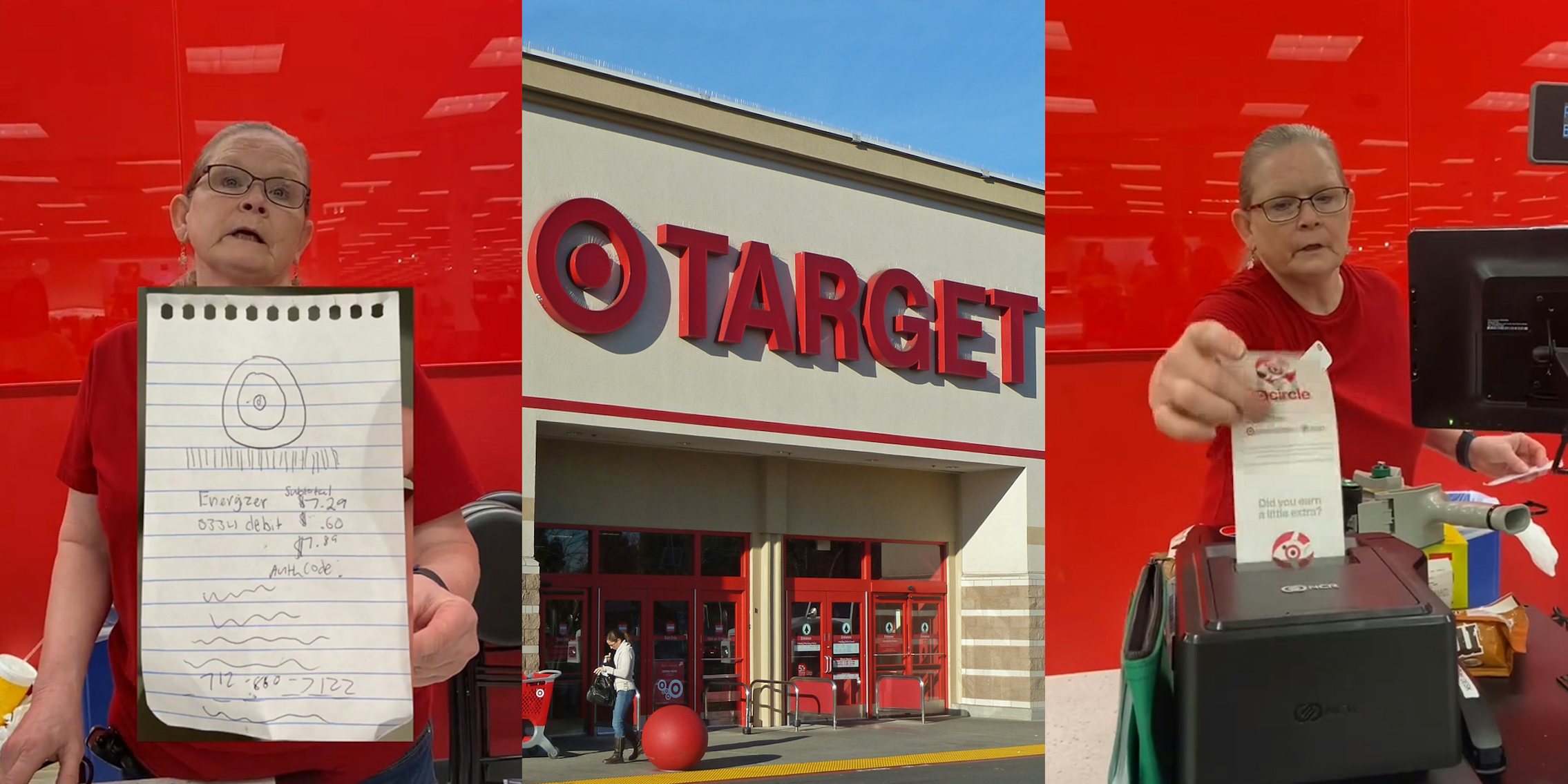 Target employee at register holding receipt with image of drawn receipt (l) Target building with sign (c) Target employee at register (r)
