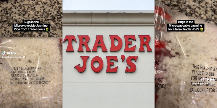 bugs in rice (l&r) trader joe's sign (c)