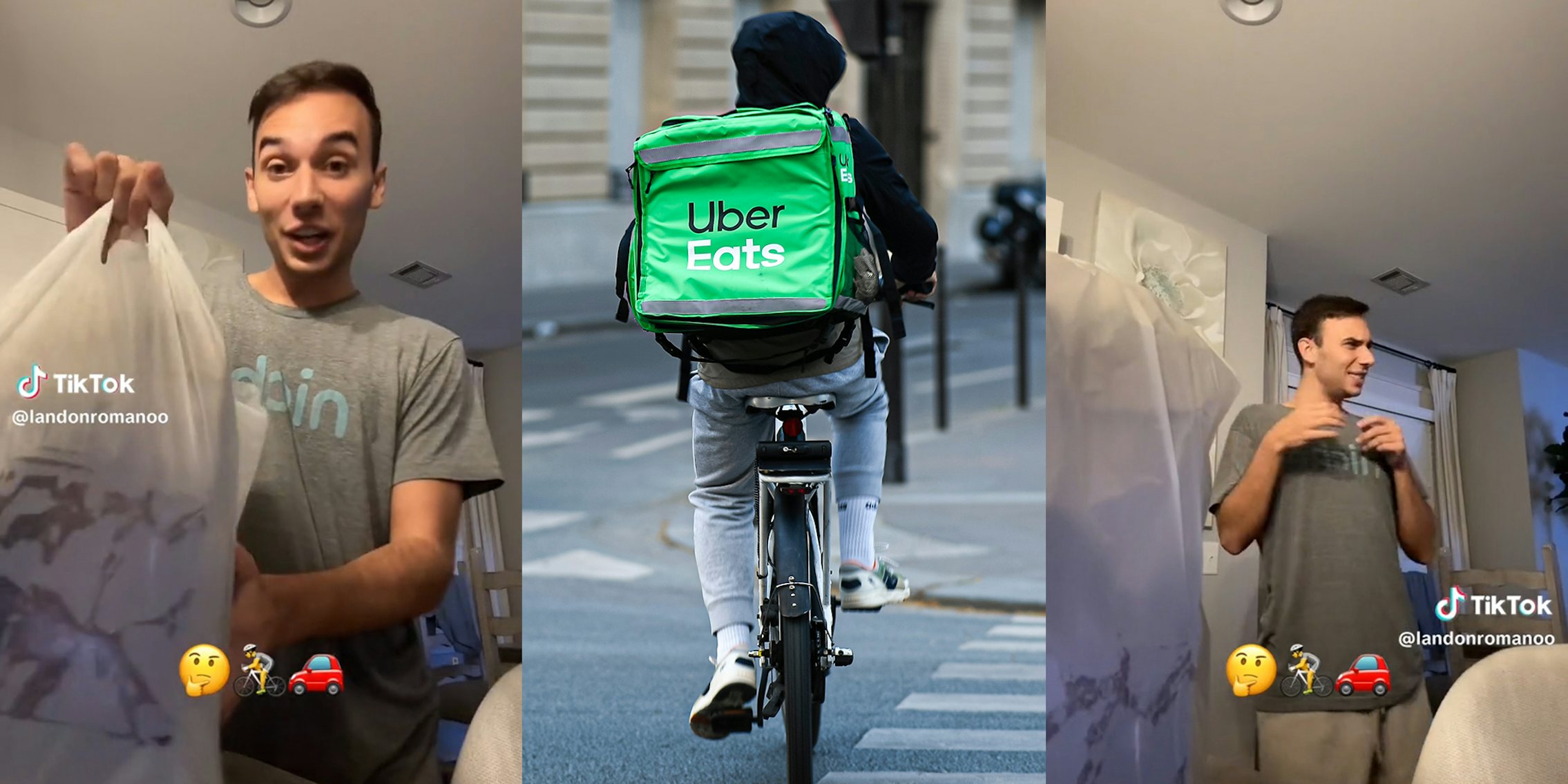 man with uber eats order (l&r) uber eats delivery on bicycle (c)