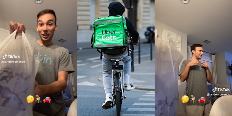 man with uber eats order (l&r) uber eats delivery on bicycle (c)