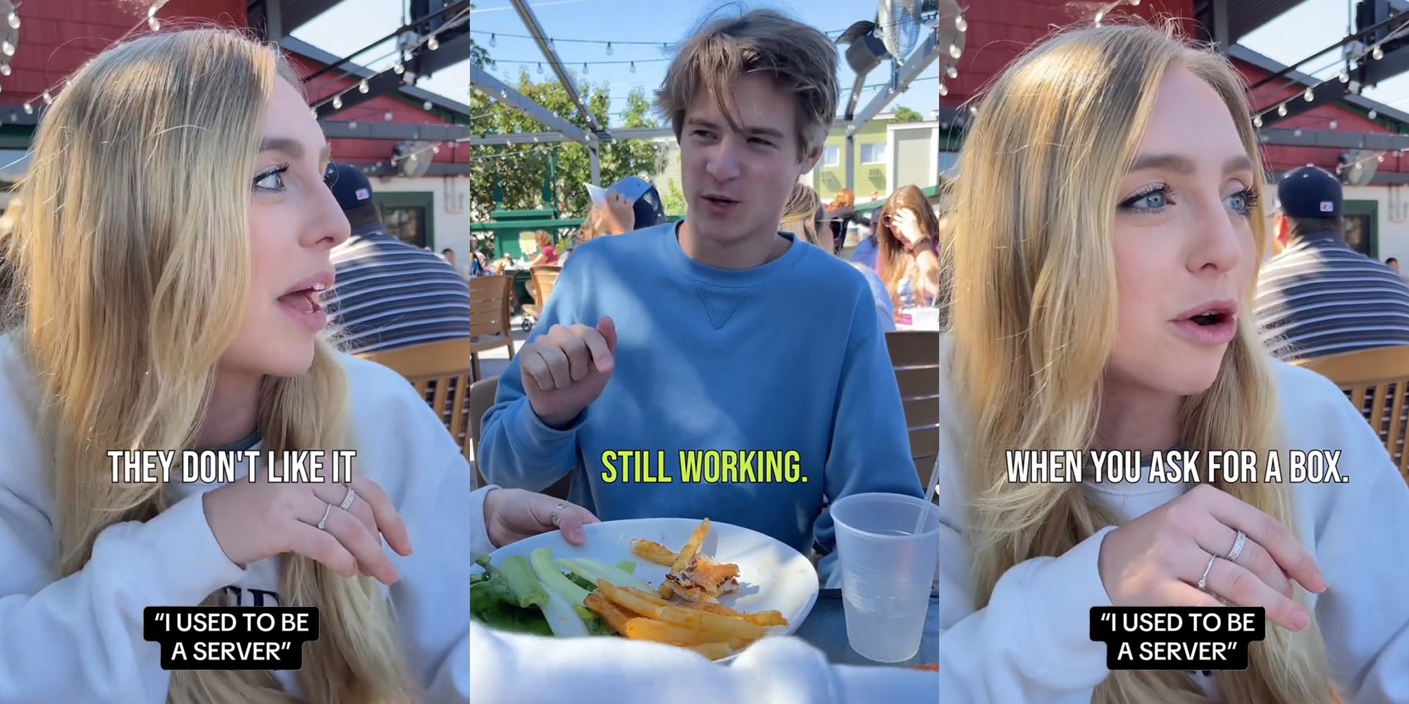 former server at restaurant with caption 'They don't like it' ''I USED TO BE A SERVER'' (l) customer at restaurant with caption 'still working.' (c) former server at restaurant with caption 'When you ask for a box.' ''I USED TO BE A SERVER'' (r)