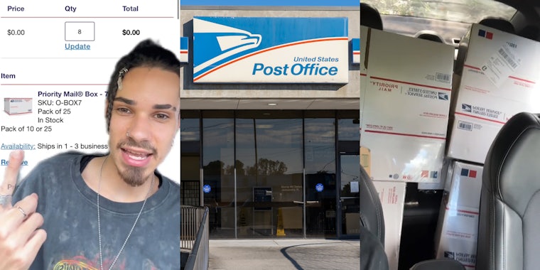 USPS customer greenscreen TikTok over free moving boxes on USPS website (l) USPS building with sign (c) back seats of car filled to the brim with USPS boxes (r)