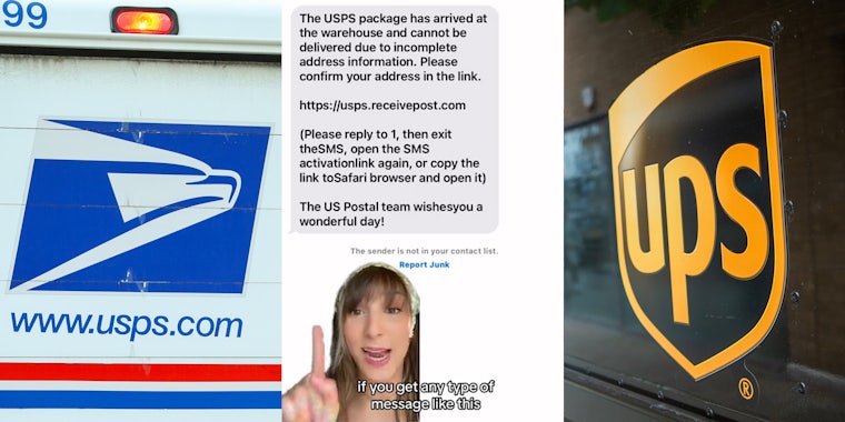 USPS logo on truck (l) woman greenscreen TikTok over USPS message with caption 'if you get any type of message like this' (c) UPS logo on truck (r)