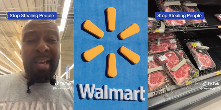 man at walmart with locked up steaks and caption 'stop stealing people'