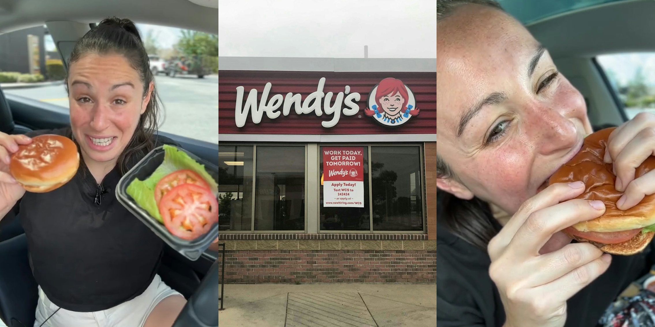 Wendy's customer in car with buns and sides in container in hand (l) Wendy's building with sign (c) Wendy's customer eating burger in car (r)