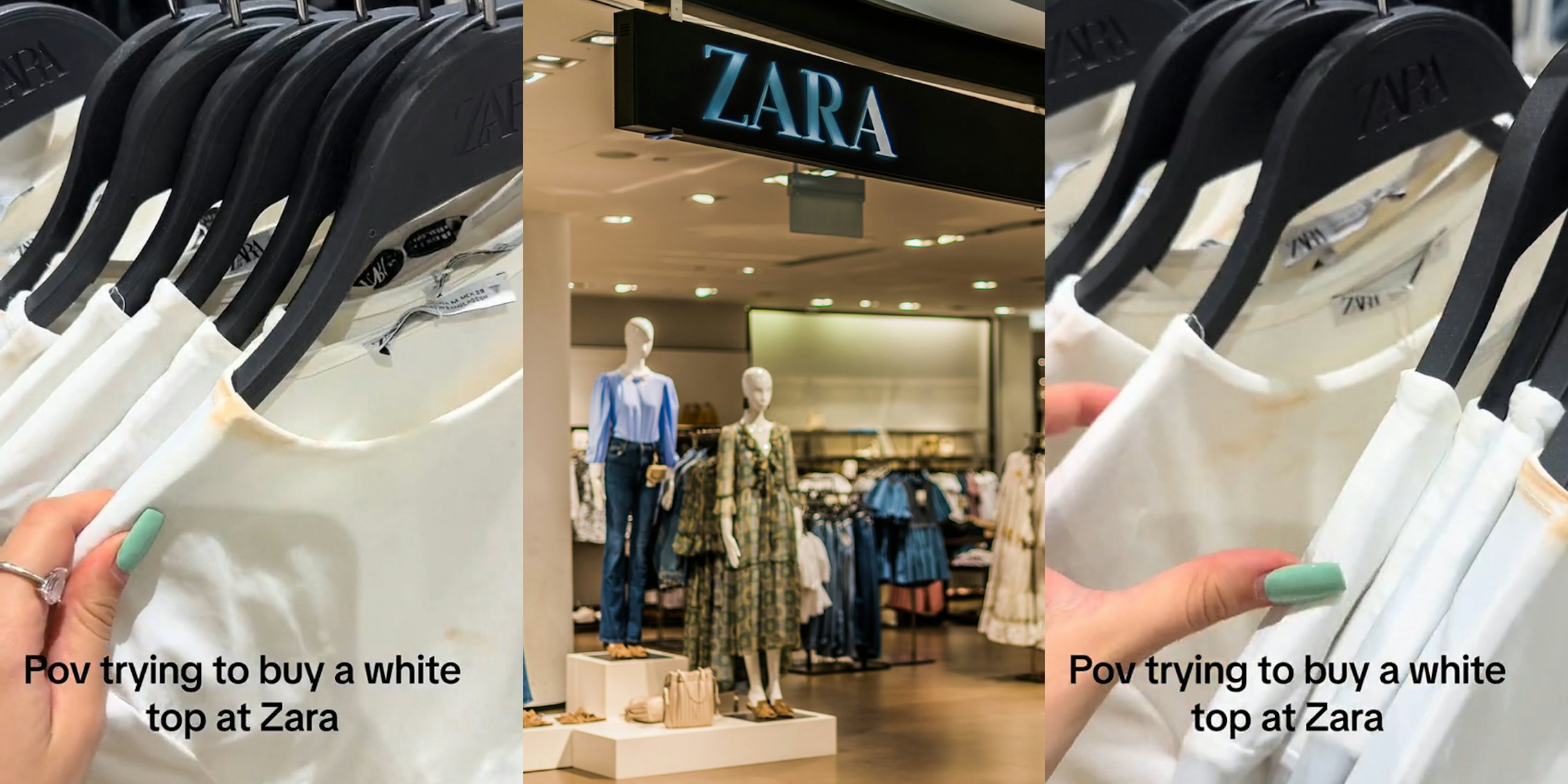 Zara shopper sifting through white shirts on rack with caption 'Pov trying to buy a white top at Zara' (l) Zara store interior with sign (c) Zara shopper sifting through white shirts on rack with caption 'Pov trying to buy a white top at Zara' (r)