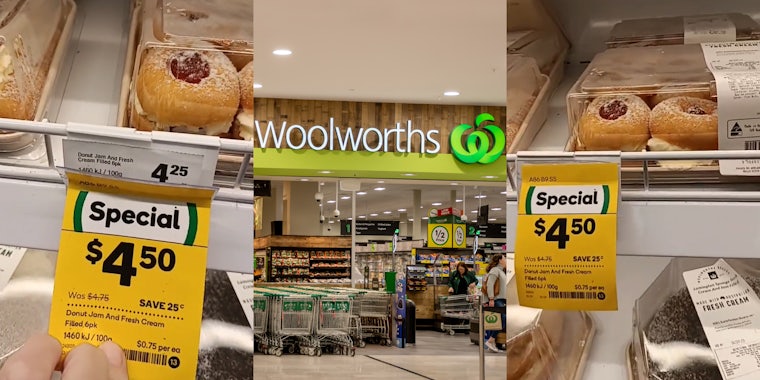 customer holding back special $4.50 tag on item to reveal $4.25 tag underneath (l) Woolworths entrance with sign (c) desert with $4.50 price tag (r)