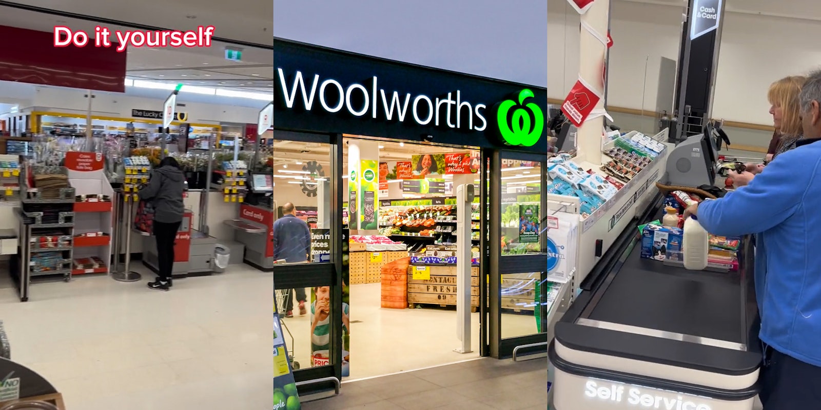 Woolworths self checkout with caption 'Do it yourself' (l) Woolworths store entrance with sign (c) Woolworths customers at checkout (r)