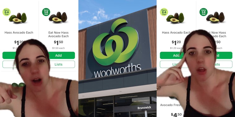 Woolworths customer greenscreen TikTok over avocados product listing (l) Woolworths building with sign (c) Woolworths customer greenscreen TikTok over avocados product listing (r)