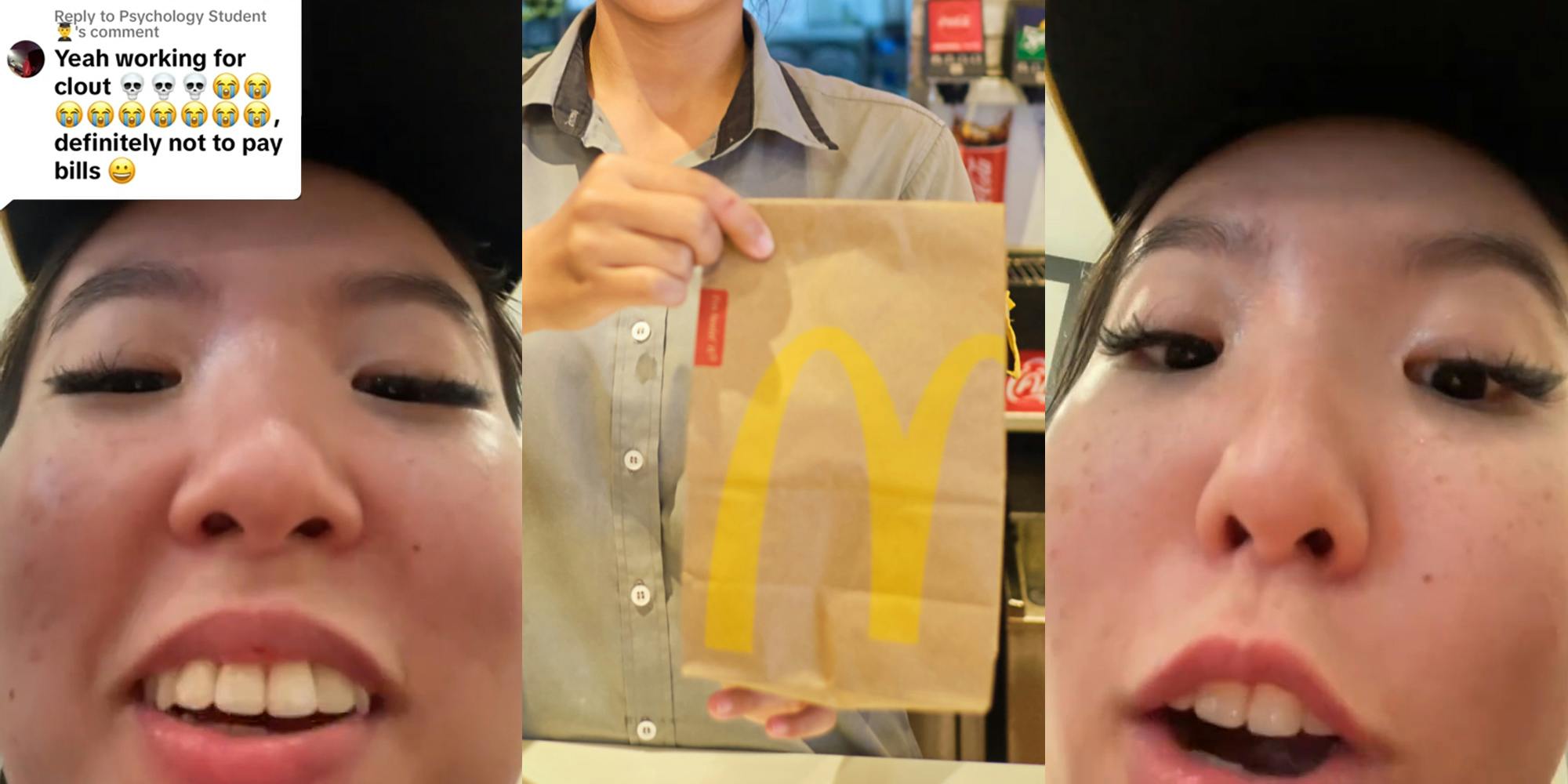McDonald's employee speaking with caption "Yeah working for clout definitely not to pay bills" (l) McDonald's worker holding bag of food (c) McDonald's employee speaking (r)