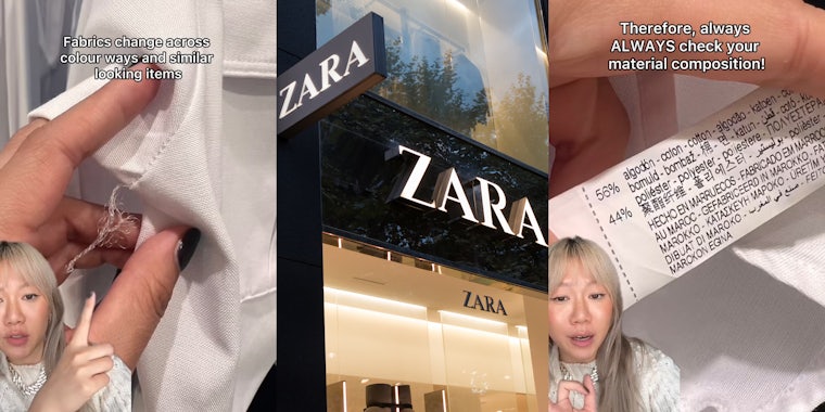 Zara shopper greenscreen TikTok over hand holding shirt with caption 'Fabrics change across color ways and similar looking items' (l) Zara store entrance signs (c) Zara shopper greenscreen TikTok over hand holding shirt tag with caption 'Therefore, always ALWAYA check your material composition!' (r)