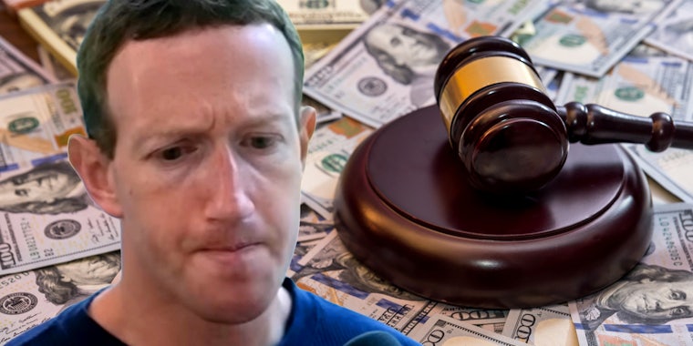 mark zuckerberg with background of gavel on hundred dollar bills