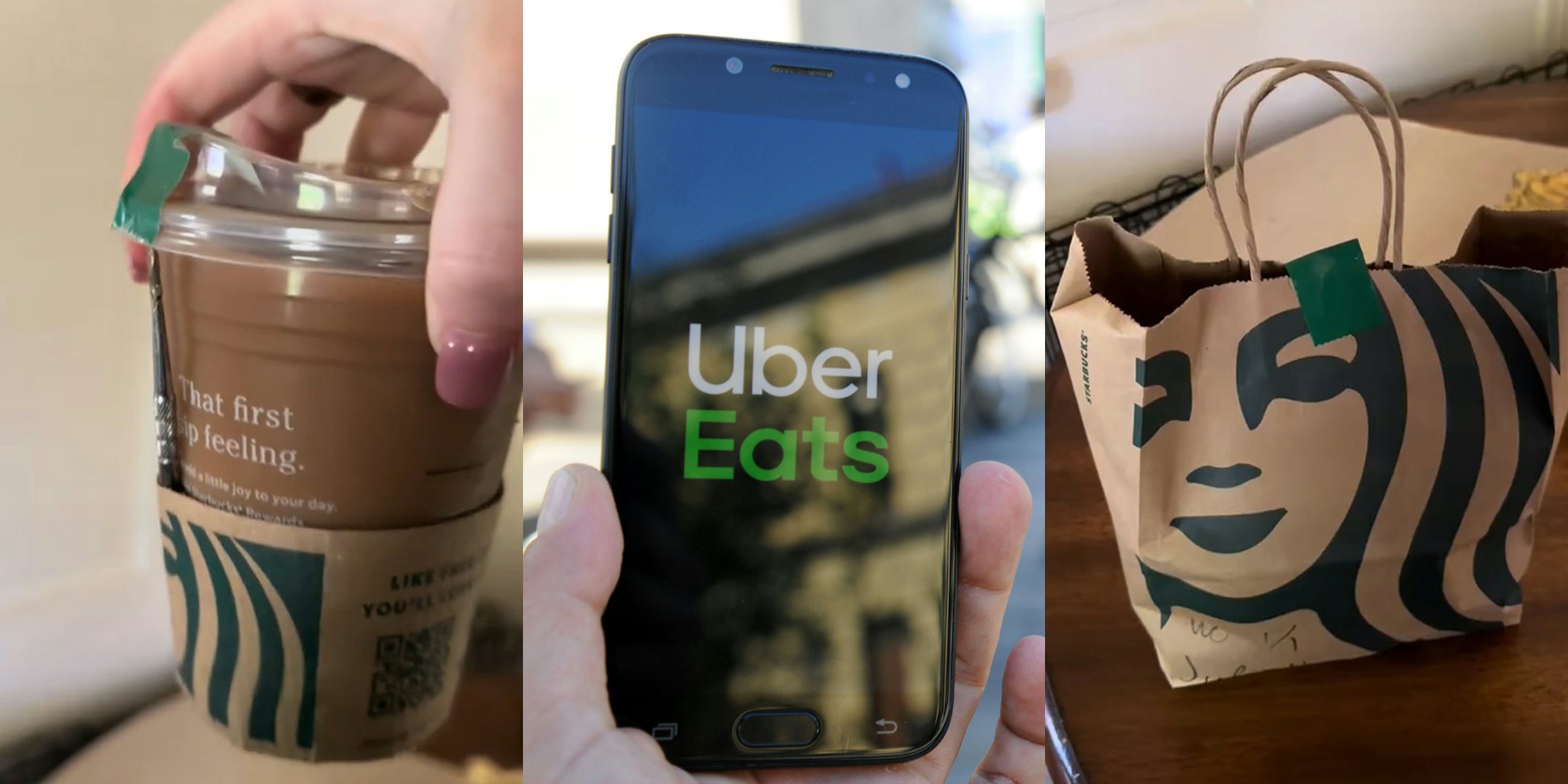 Starbucks coffee with dab spoon attached (l) Uber Eats app open on phone in hand (c) Starbucks bag on table (r)