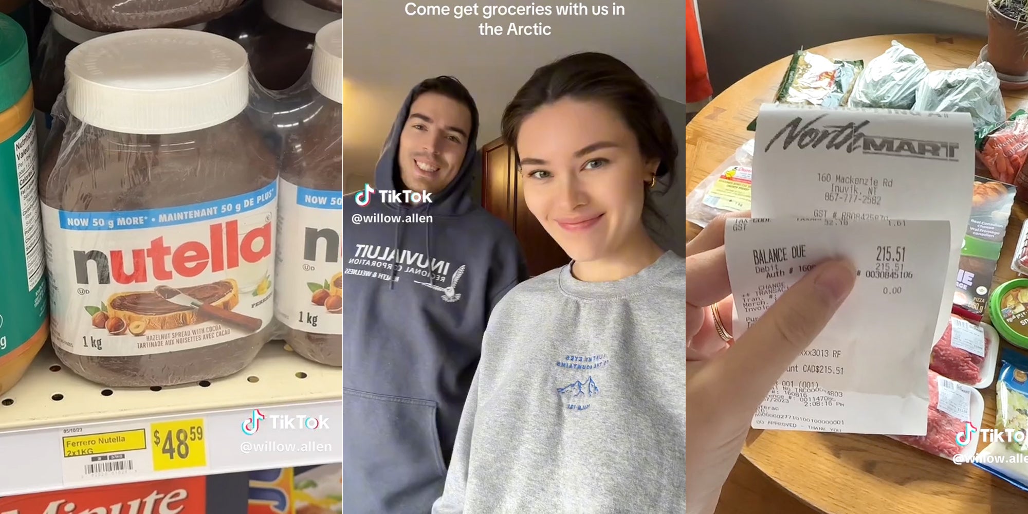 Jar of Nutella priced $48(l), Couple smiling(c), Recipe and groceries(r)