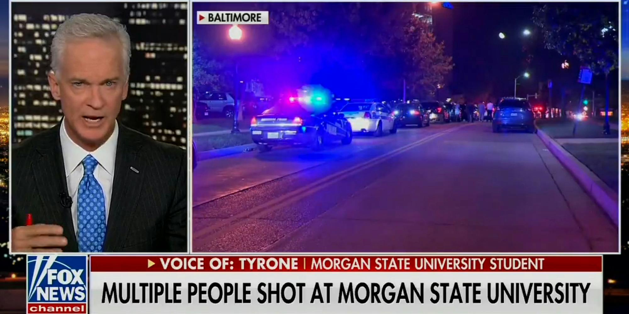 Fox News reporter speaking with caption "voice of: Tyrone Morgan State University Student Multiple People Shot At Morgan State University"
