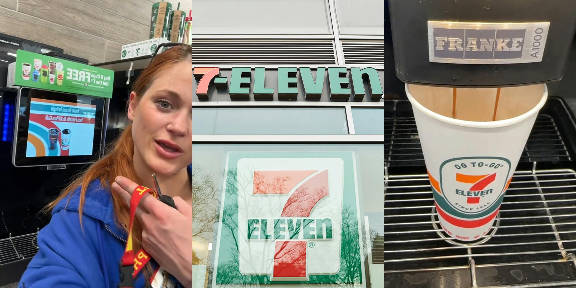 7/11 customer pointing to coffee machine (l) 7/11 signs on windows (c) 7/11 coffee machine pouring coffee into cup (r)