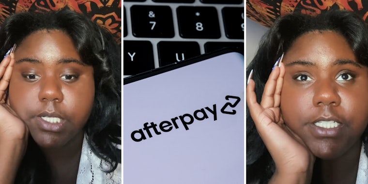 Woman holding her face; Afterpay logo on phone on top of laptop