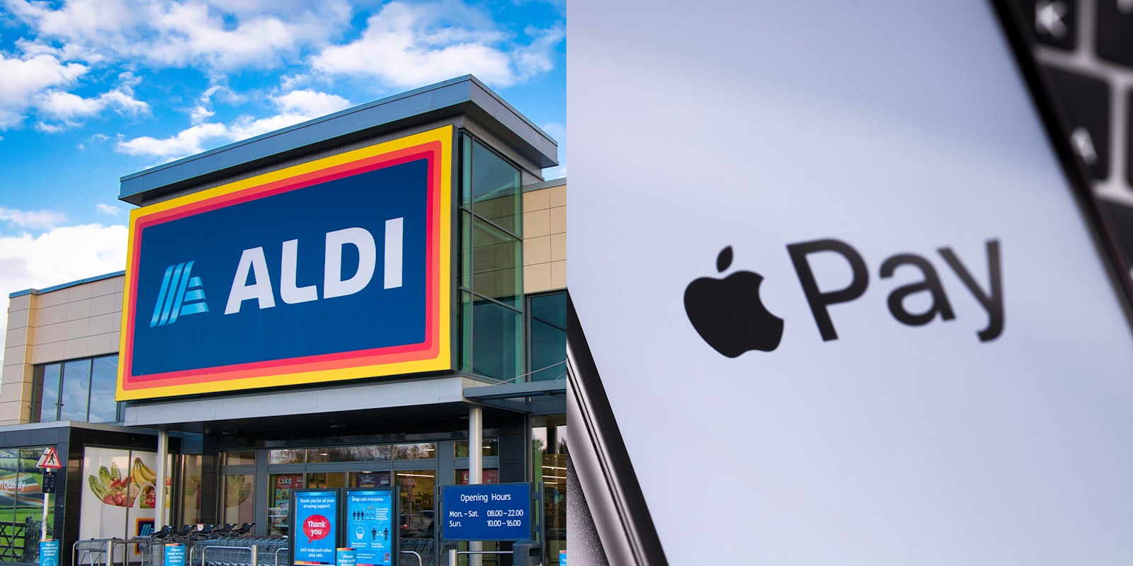 Aldi Store Front; iPhone showing Apple Pay logo