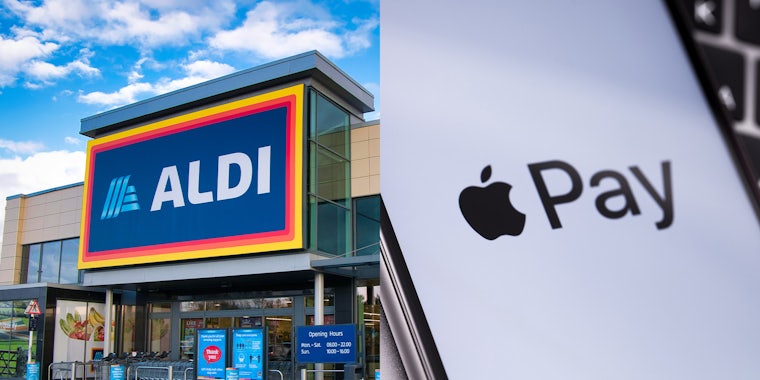 Aldi Store Front; iPhone showing Apple Pay logo