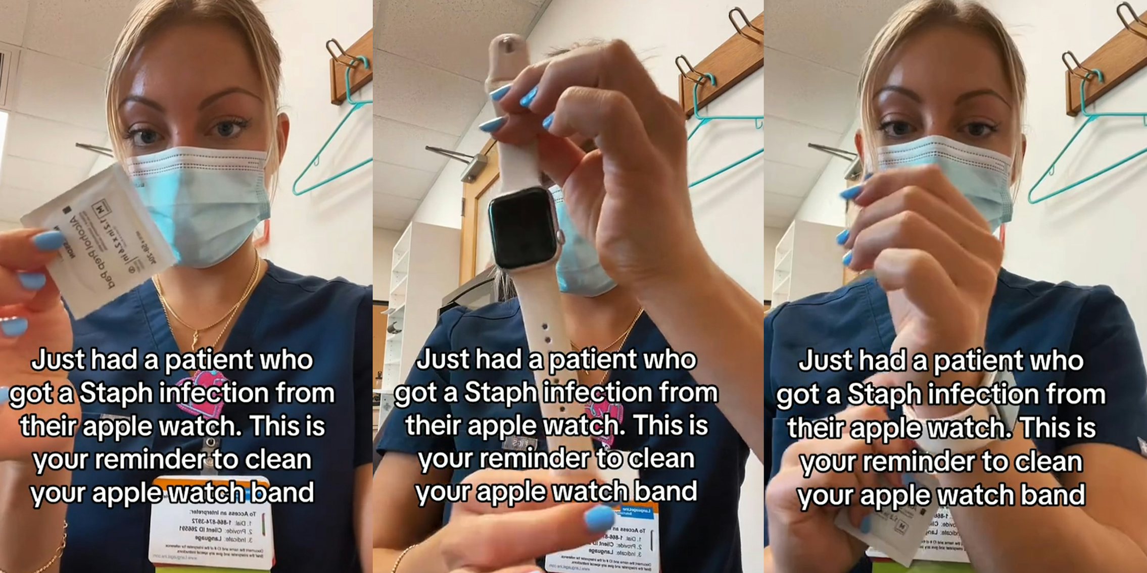 Nurse cleaning her apple watch after finding out a patient got a staph infection from one