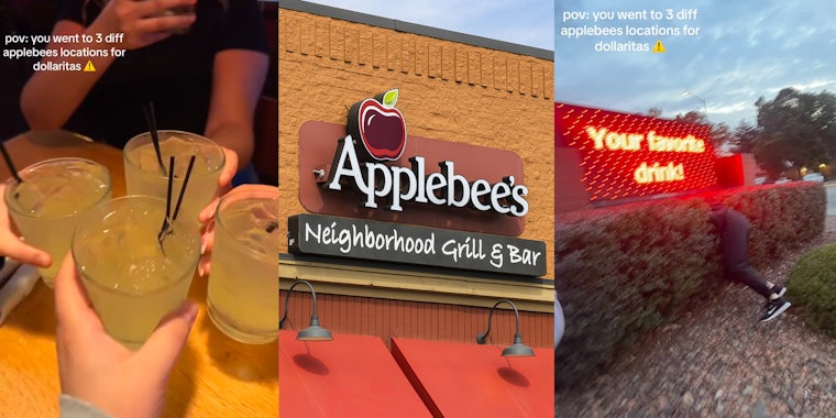 Customers go to 3 different Applebee's locations for $1 margaritas.