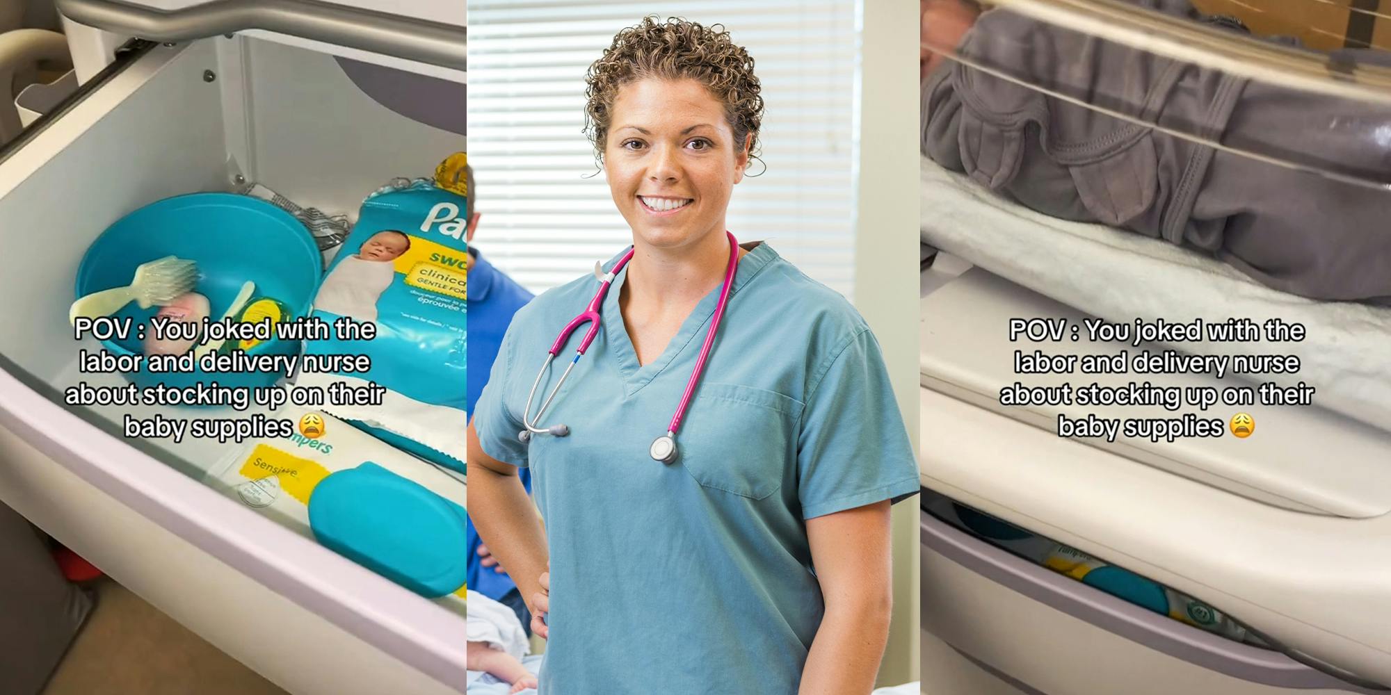 Baby supplies in drawer; Nurse smiling