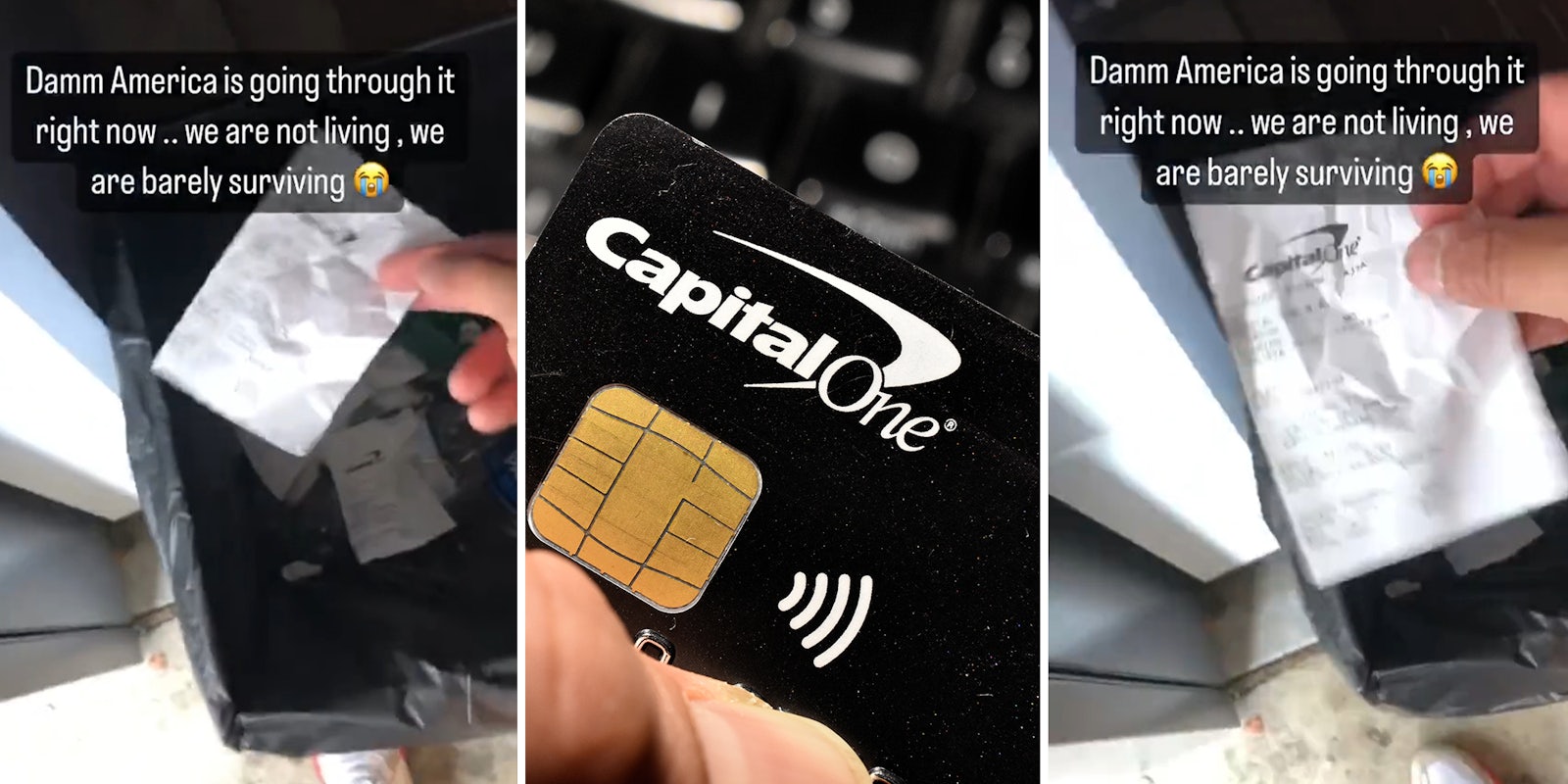 Capital One customer goes through trash to see receipts; Hand holding Capital one card