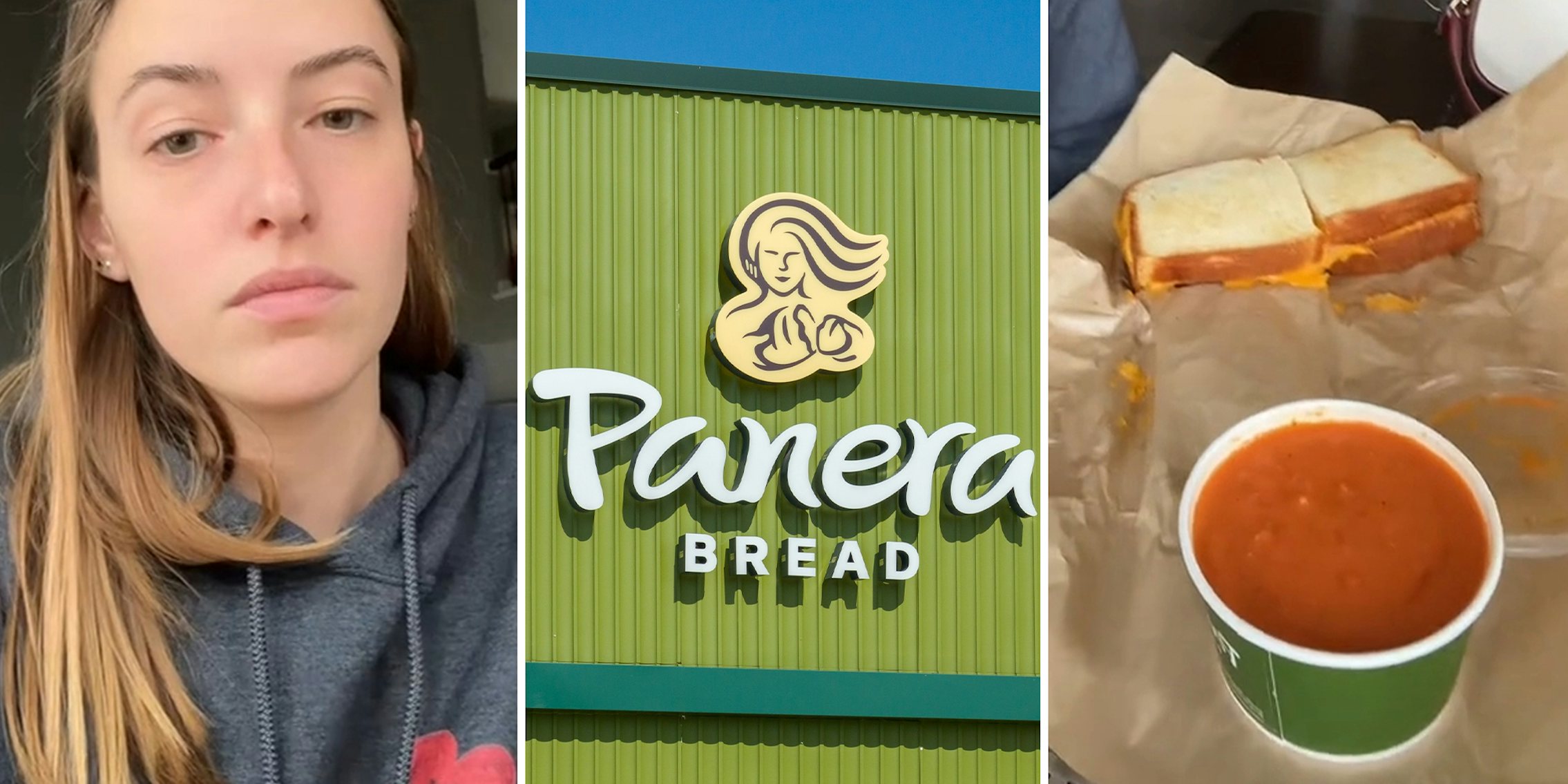 woman rants about expensive panera meal; Panera Restaurant Front; Panera Cheese Sandwich and Tomato sauce
