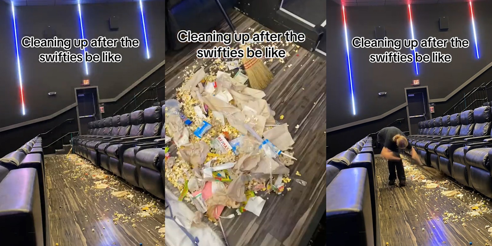 cinema worker shows mess left behind by customers
