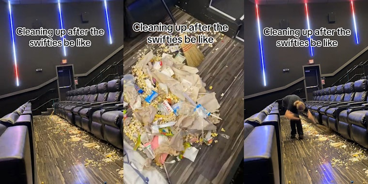 cinema worker shows mess left behind by customers