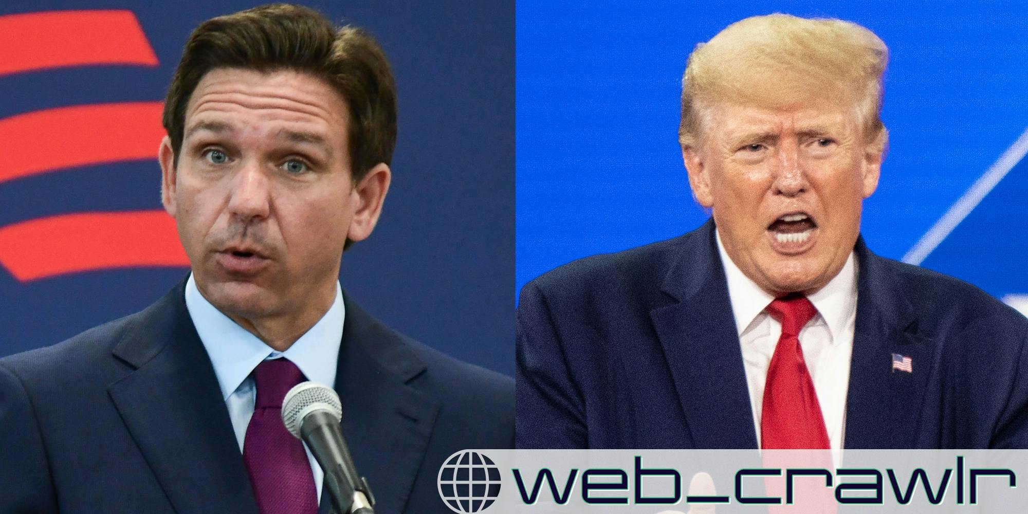 Ron DeSantis and Donald Trump. The Daily Dot newsletter web_crawlr logo is in the bottom right corner.