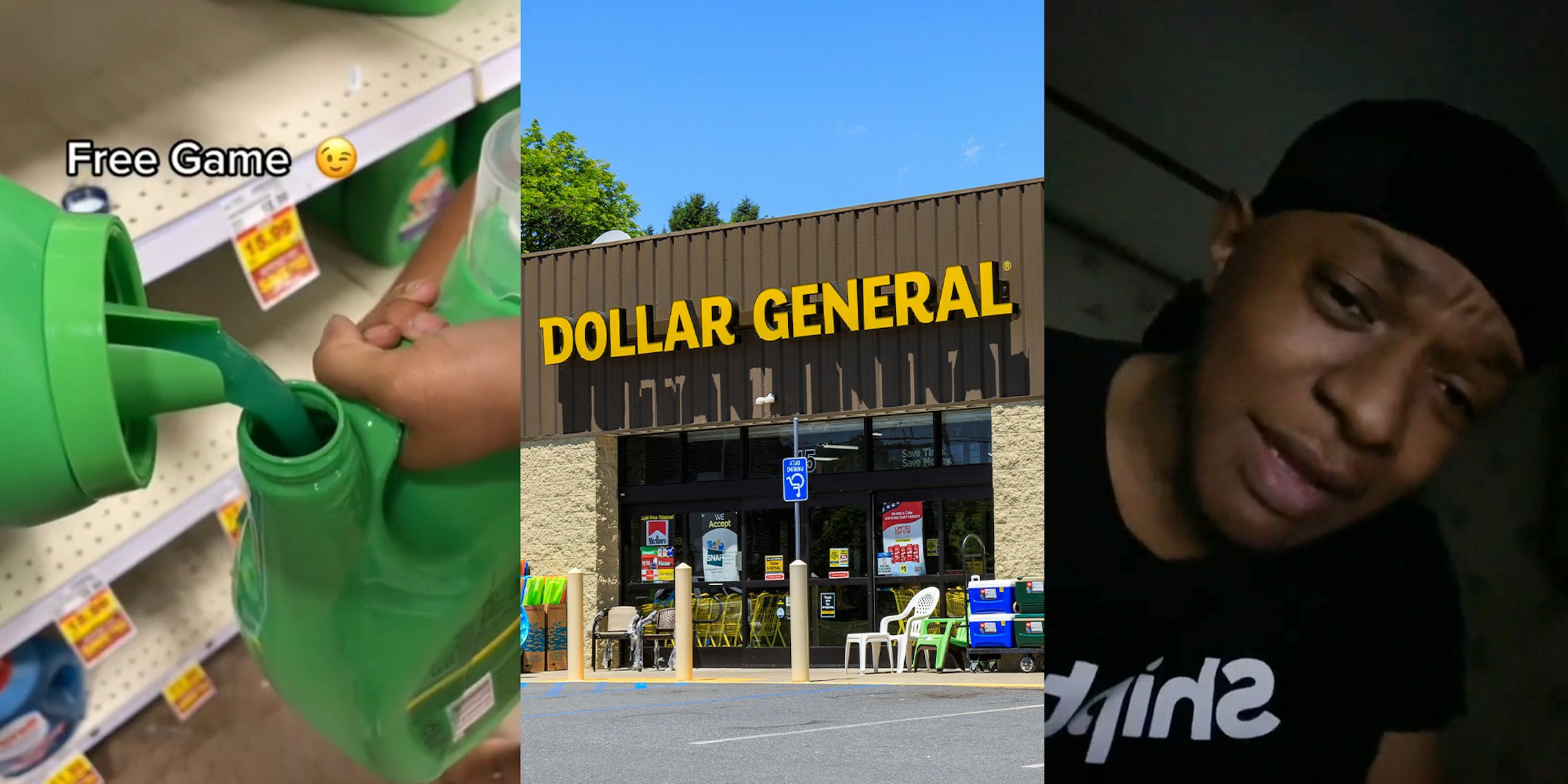 Dollar General customer reacts to another customer filling up Gain laundry detergent with another container